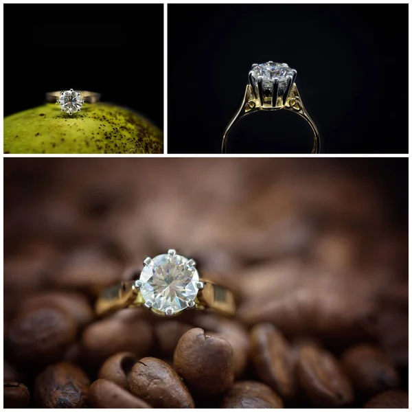 Collage Eines Zweikarätigen Solitär Goldes Mit Diamantring Mit Unterschiedlichen Hintergründen — Stockfoto