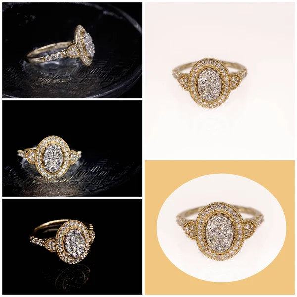 Collage Oro Diamanti Incastonati Anello Alone Sfondo Bianco Nero Diverse — Foto Stock