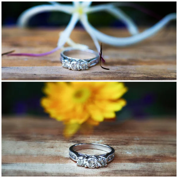Δαχτυλίδι Τρίπετρο Διαμαντένιο Λευκό Χρυσό Και Τοποθετημένο Ξύλο Λουλούδι Πίσω — Φωτογραφία Αρχείου