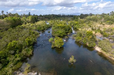 Çalı ve kayalar arasında akan su ile sığ bir nehir yatağının hava manzarası.