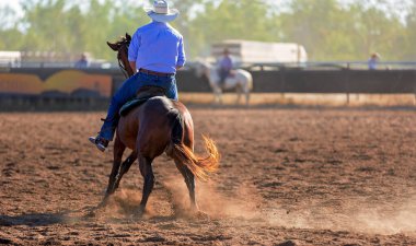 Beyaz şapkalı ve mavi gömlekli bir kovboyun arkasından, atının üstünde oturmuş, bir rodeo sırasında tozlu bir arenaya bakıyor..