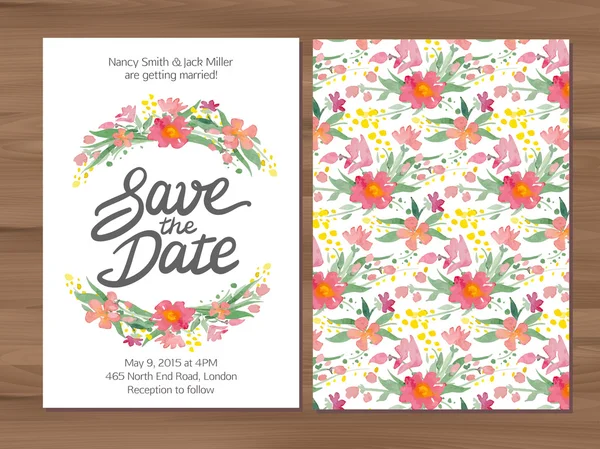 Vector wedding invitation with watercolor flowers and hand drawn — Stock Vector