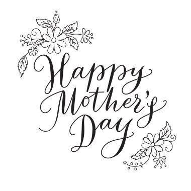 Mutlu anneler günü kartı el ile çizilmiş metin ve çiçekler