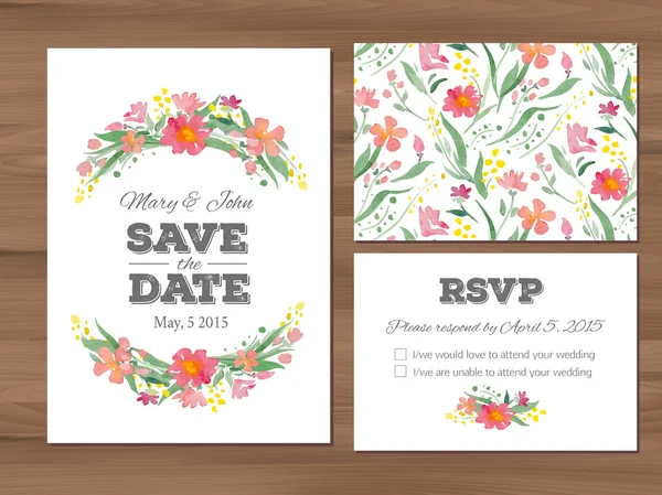 Wedding set with watercolor flowers and typographic elements. — Stock Vector