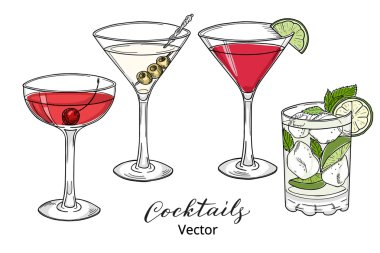 Alkollü kokteyller çizilmiş kümesi el