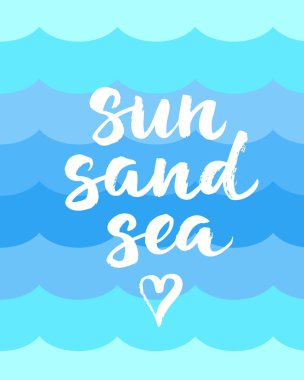 Fırça yazı yaz kart el ile çizilmiş. Güneş, kum, deniz arama