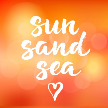 Fırça yazı yaz kart el ile çizilmiş. Güneş, kum, deniz arama