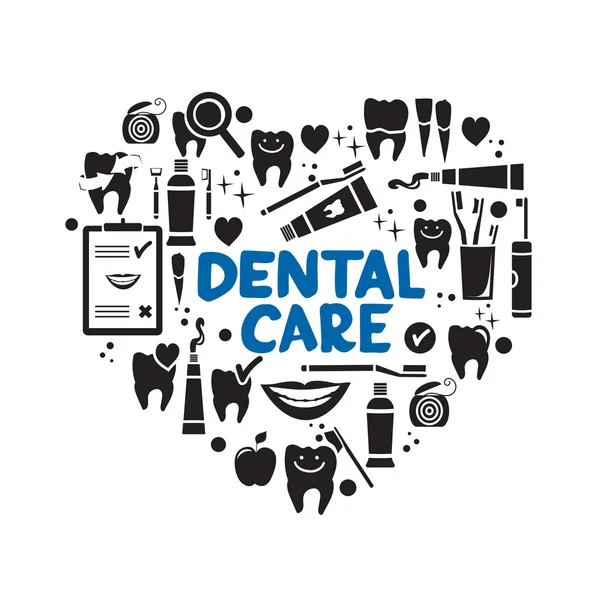 Dental care symbols in the shape of heart — Stock Vector