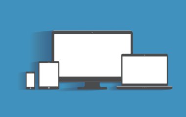 Elektronik cihazlar ile boş perde. Masaüstü bilgisayar, tablet