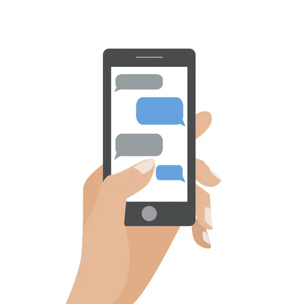 Χέρι που κρατά το μαύρο smartphone με κενό λεκτικές φυσαλίδες για κείμενο — Διανυσματικό Αρχείο