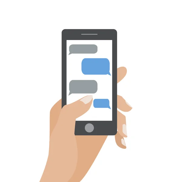 テキストの空白吹き出しの黒いスマート フォンを持っている手します。 — ストックベクタ