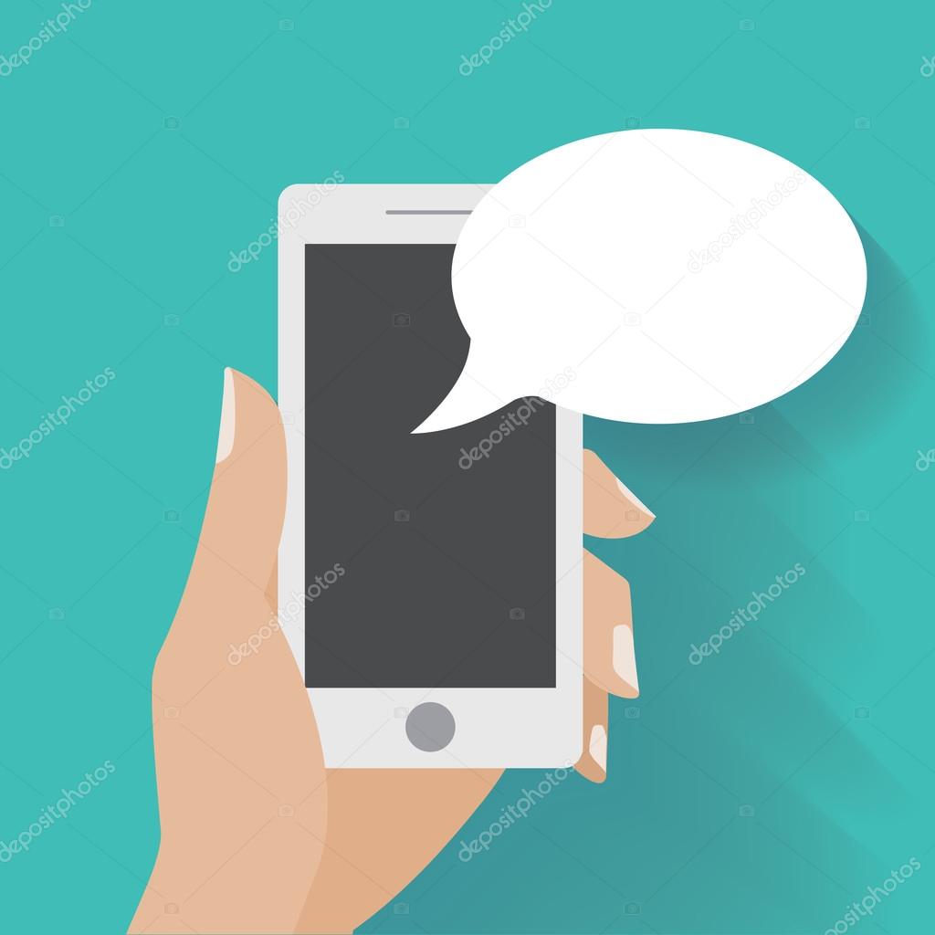Hand holding black smartphone with blank speech bubbles for text