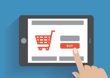 Tablet pc ile satın düğme üstünde belgili tanımlık perde. Online satın alma, e-co