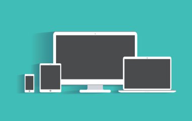 Elektronik cihazlar ile boş perde. Masaüstü bilgisayar, tablet