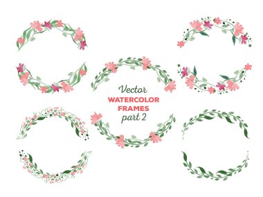 Vector watercolor wreaths and separate floral elements for custo