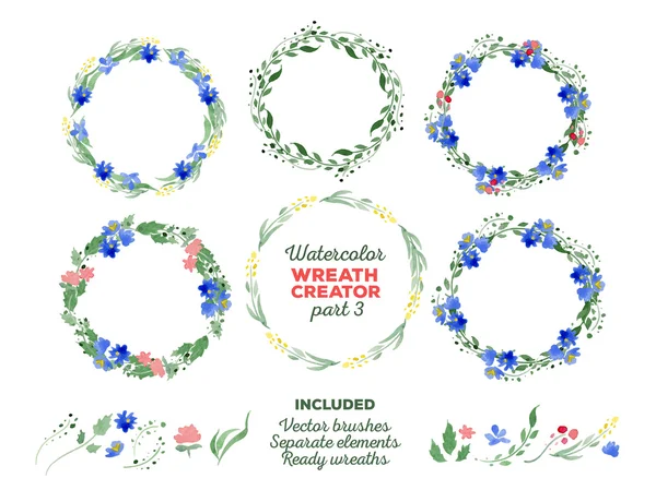 Vector watercolor wreaths and separate floral elements for custo — Stock Vector