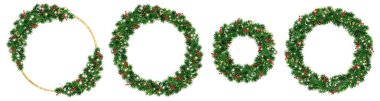 Christmas wreaths. Holly berry and Christmas lights decoration. Golden glitter ring. Christmas tree holiday garland. Festive frame, realistic fir-tree branches. Transparent background in vector file.