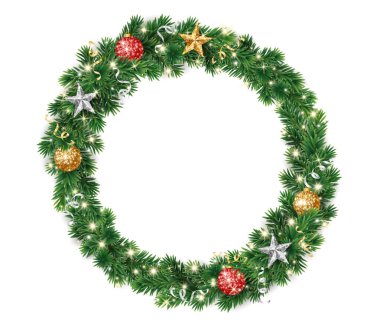 Altın ve kırmızı parıltılı süslemeli Noel çelengi. Noel ağacı süslemesi. Noel ağacı çelengi. Şenlikli kış mevsimi çerçevesi, ladin dalları. Vektör dosyasında şeffaf arkaplan.