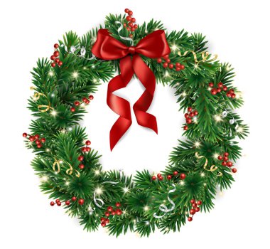 Noel ağacı çelengi. Kırmızı kurdeleli gerçekçi çam ağacı dalları. Tatil afişleri, parti posterleri, kartlar, başlıklar, sosyal medya için dekorasyon. Vektör dosyasında şeffaf arkaplan.