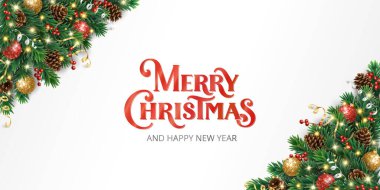 Noel ağacı köşesinde parıltılı süslemeler, kutsal meyveler var. Mutlu Noeller el yazısı mektupları. Zarif şenlik tasarımı için parlak vektör çelengi.