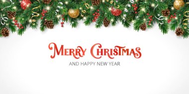 Çam kozalakları, kurdeleler ve parlayan ışıklarla parıldayan Noel ağacı çelenkleri. Zarif Mutlu Noeller el yazısı mektupları. Gerçekçi festival vektör sınırı.