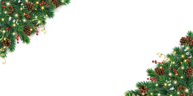 Noel ağacı sınırında çam kozalakları, kırmızı böğürtlen ve parlak kurdeleler var. Zarif şenlikli vektör çelengi. Vektör dosyasında şeffaf arkaplan.