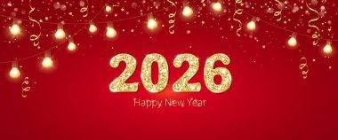 Yeni yıl 2026 altın parıltı numaraları kırmızı zemin üzerinde parlayan ampul çelenkleri, kurdeleler ve konfeti dekoru ile. Çin 'de yeni yıl kutlamaları, bayram afişleri ve tatil promosyonları için ideal..