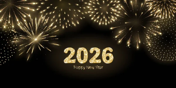 Siyah arka planda havai fişek gösterileri olan 2026 altın parıltı numarası. Altın havai fişeklerle yeni yıl kutlaması. Pankartlar, posterler ve başlıklar için dekoratif çerçeveli bayram arkaplanı. Vektör.