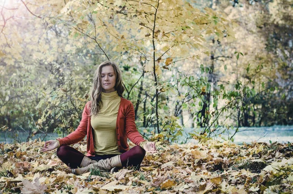 Mujer joven en el parque de otoño, — Foto de Stock