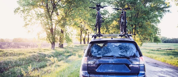 Auto met fietsen in het bos weg — Stockfoto