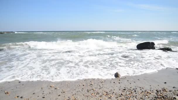 Coste del mar con olas, arena y piedras — Vídeos de Stock