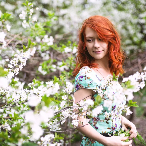 Vacker flicka i våren blossom — Stockfoto