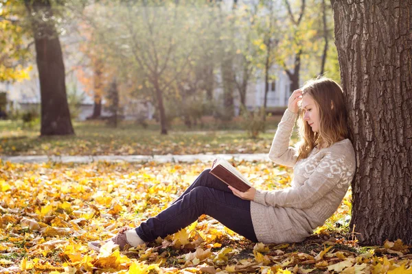 Молода красива жінка читає книгу в парку — стокове фото