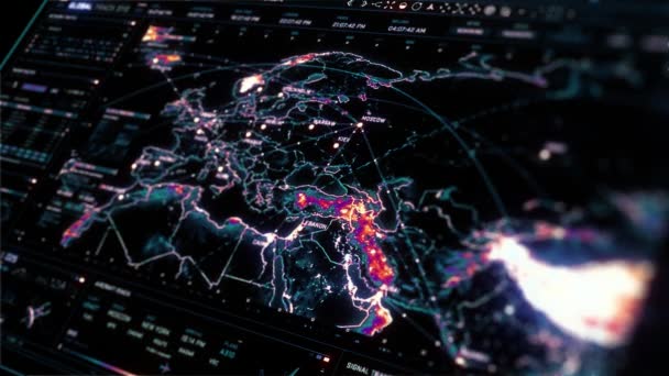 Pantalla Interfaz Futurista Perspectiva Localización Rastreo Todo Mundo Comunicaciones Globales — Vídeos de Stock