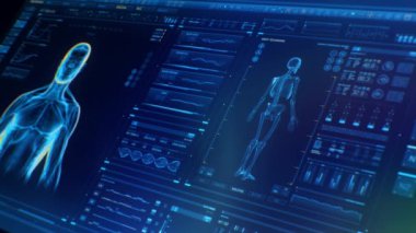 Koyu mavi perspektifli fütüristik arayüz insan erkek anatomisi taramasını döner iskelet ve vücut ısısı transferi ile gösteriyor. Tıbbın ve sağlık hizmetlerinin yakın geleceği.
