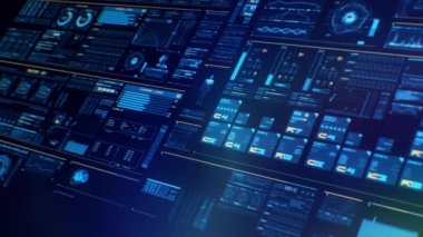 Dijital elementler, klasörler, histogramlar, numaralar ve kod çalıştırma ile gök mavisi gelecekteki arayüzün perspektif görüntüsü. Yüksek çözünürlüklü bilgisayar verisi döngüsü. Ekranda kaybolur. Veri akışı. Yapay Zeka iş başında. Döngülü ekran koruyucu