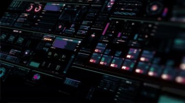 Dijital elementlerle, klasörlerle, histogramlarla, sayılarla ve kod çalışmasıyla çok renkli geleceksel arayüz. Yüksek çözünürlüklü perspektif görüntüleme bilgisayar verisi. Ekranda kaybolur. Veri akışı. Yapay Zeka iş başında. Döngülü ekran koruyucu