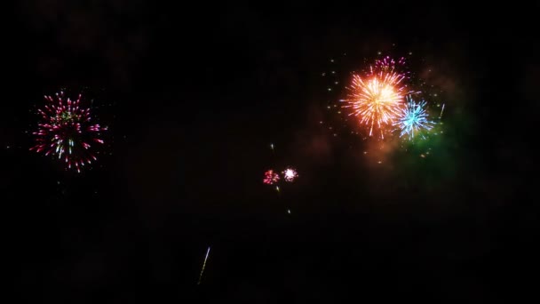 Πολύχρωμα πυροτεχνήματα έκρηξη στον ουρανό νύχτας — Αρχείο Βίντεο
