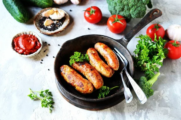 Salsicce Fatte Casa Tacchino Pollo Fritte Una Padella — Foto Stock