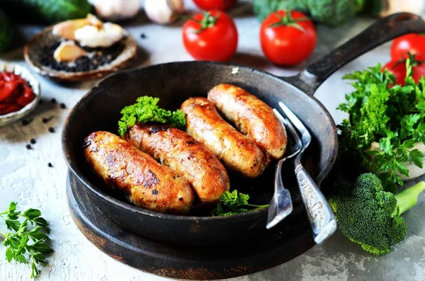 Salsicce Fatte Casa Tacchino Pollo Fritte Una Padella — Foto Stock