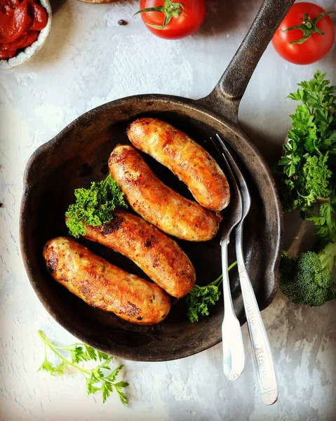 Salsicce Fatte Casa Tacchino Pollo Fritte Una Padella — Foto Stock