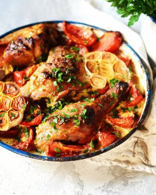 Domatesli tavuk budu ve kremalı sarımsak.