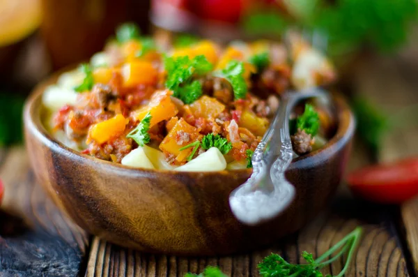 Pasta with meat sauce and pumpkin — Stock Photo, Image