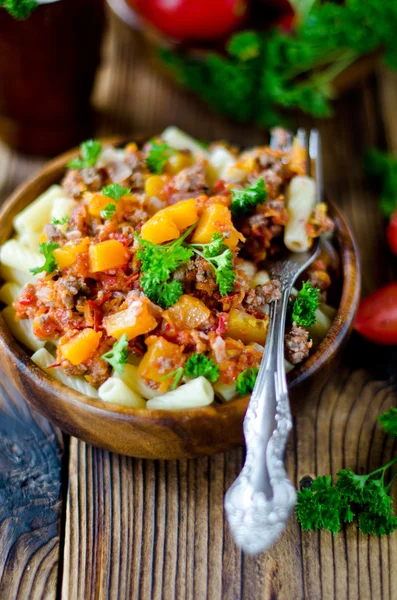 Pasta with meat sauce and pumpkin — Stock Photo, Image