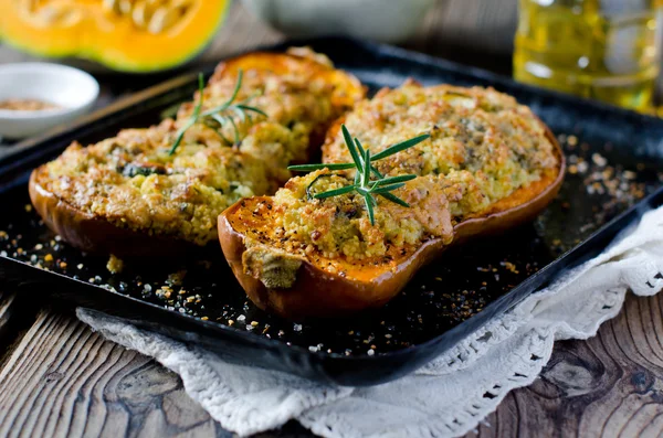 Pumpkin stuffed with couscous, zucchini and cheese Dorblu — Stock Photo, Image