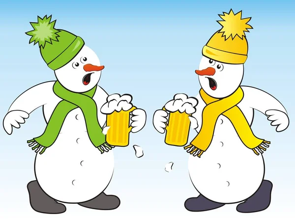 Gekke Sneeuwpoppen Bier Humoristische Vector Illustratie — Stockvector
