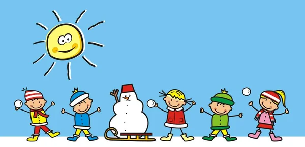 雪男とそり かわいいベクトルイラストで冬の幸せな子供たち — ストックベクタ