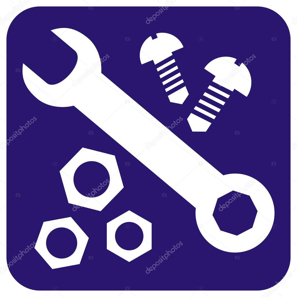 Hardware, set of nut, wrench and screw, white vector icon on blue background