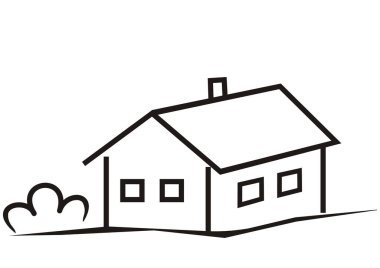 Ev ve çalı, siyah simge, vektör, taslak