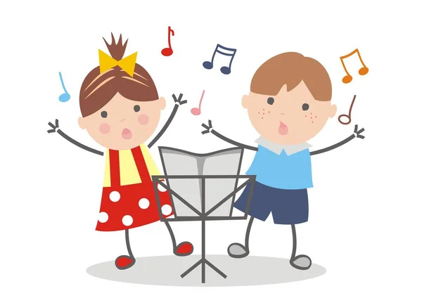 唱歌的孩子和音乐台 矢量插图 — 图库矢量图片